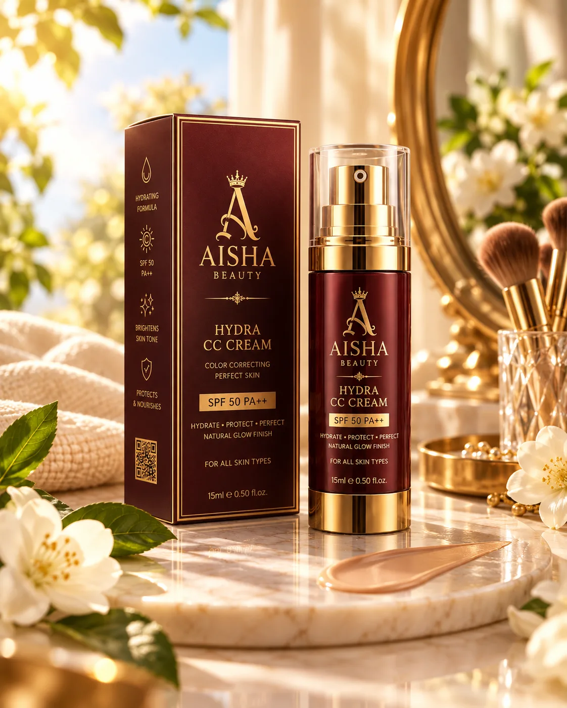 AISHA BEAUTY Hydra CC Cream SPF 50 PA++ with packaging in natural morning light