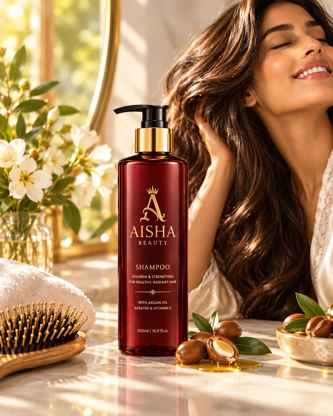 AISHA BEAUTY Shampoo with hair-care styling in warm natural light