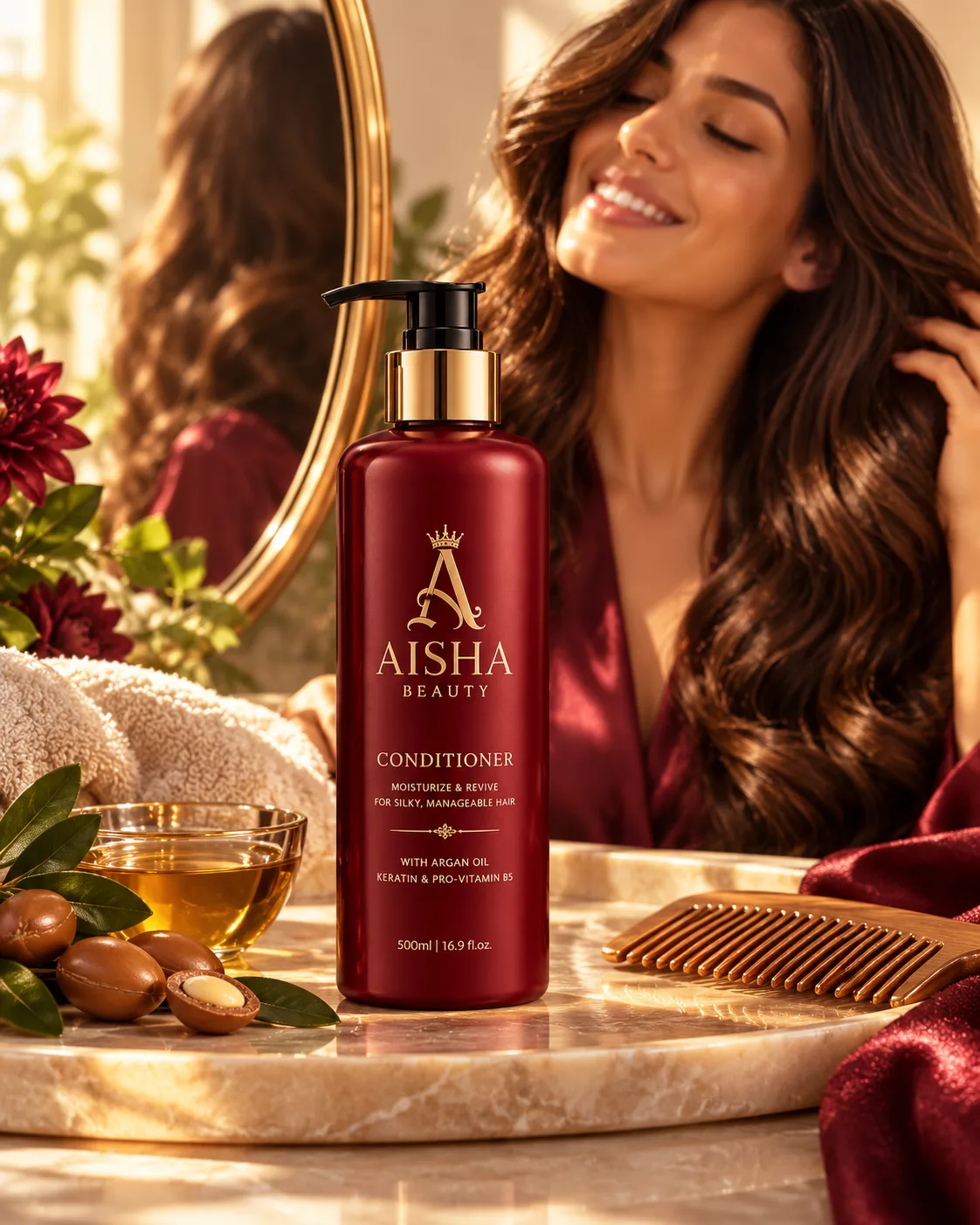 AISHA BEAUTY Conditioner beside a woman with healthy styled hair