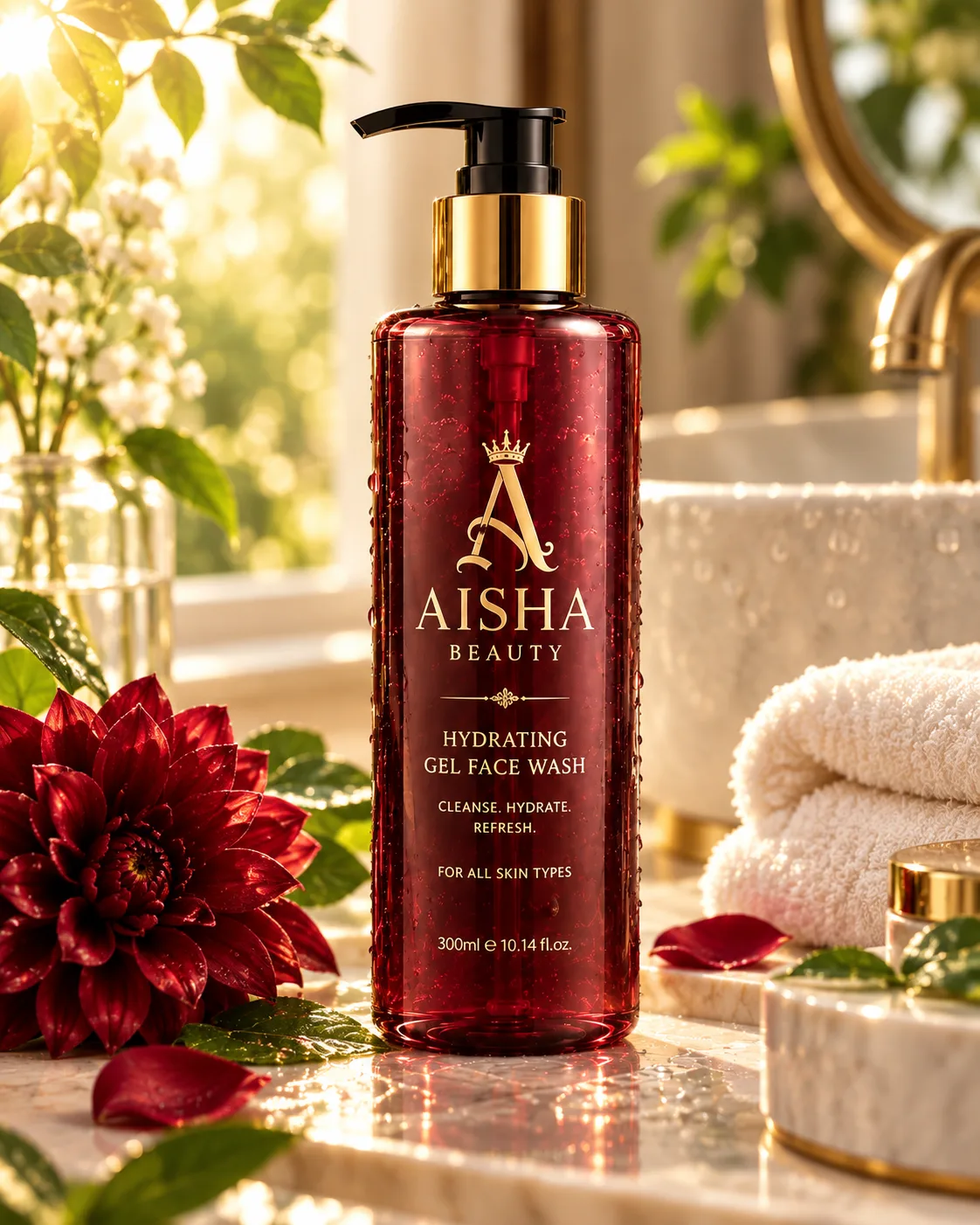 AISHA BEAUTY Face Cleanser in a bright botanical bathroom setting