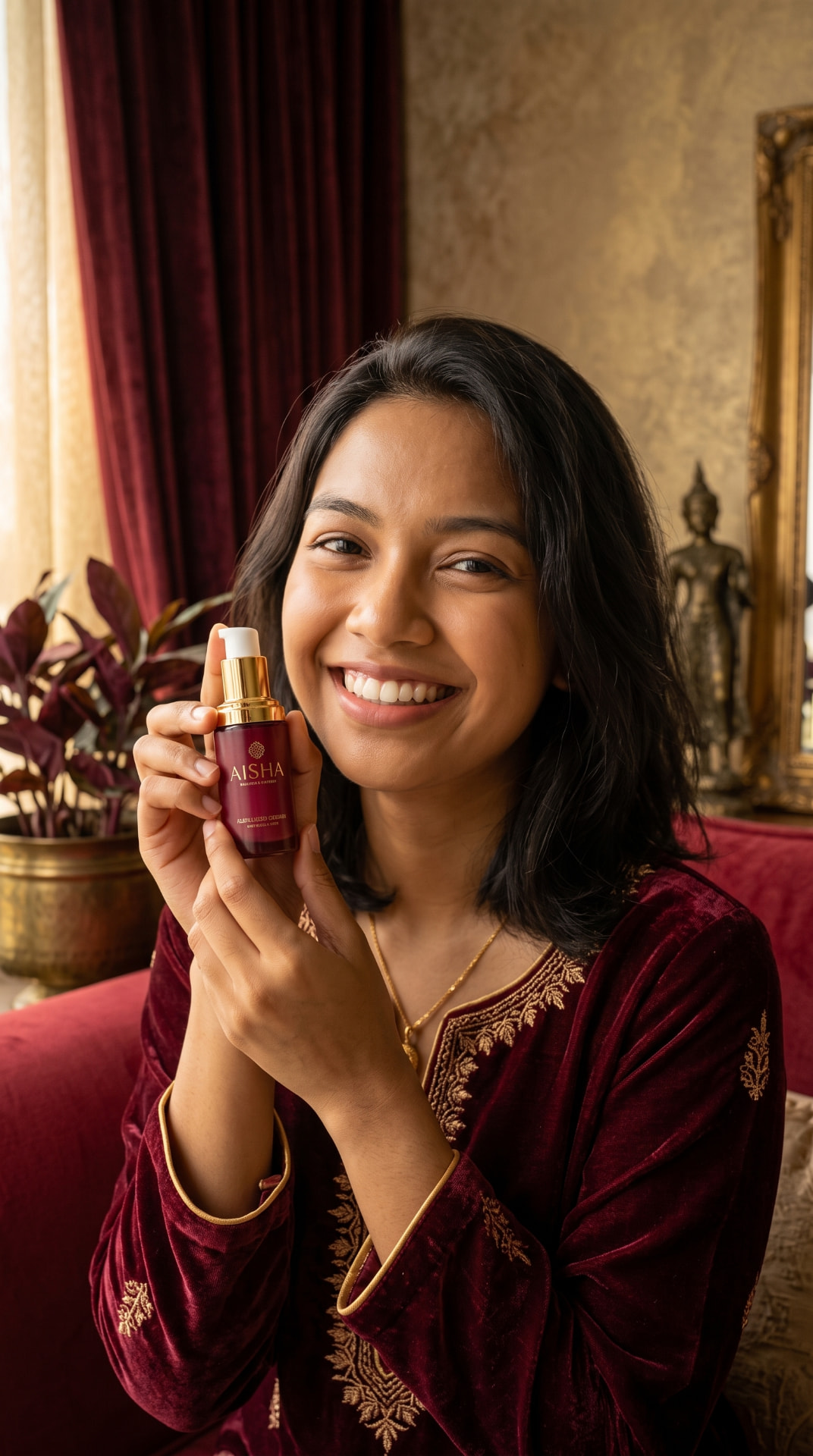Smiling woman holding an AISHA BEAUTY cosmetic product
